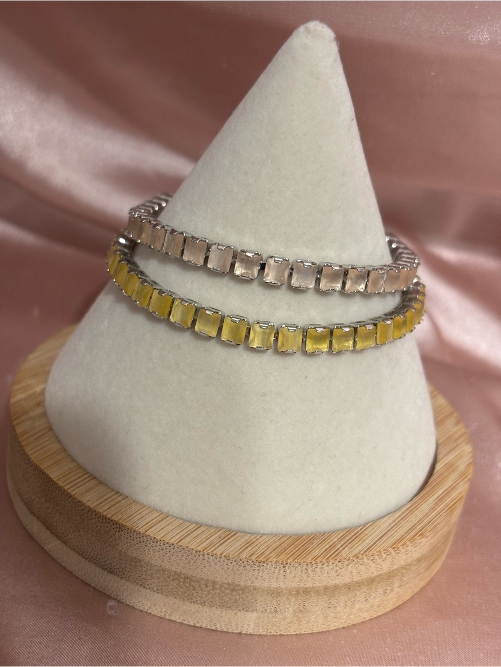 Yellow and Light Peach Silver Two-Piece Tennis Bracelet Set - Women Jewelry